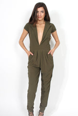 Farrah Khaki Deep V Jumpsuit-Jumpsuits