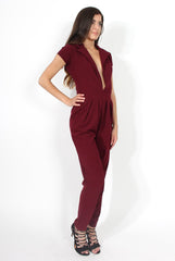 Farrah Wine Deep V Jumpsuit-Jumpsuits