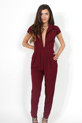 Farrah Wine Deep V Jumpsuit-Jumpsuits
