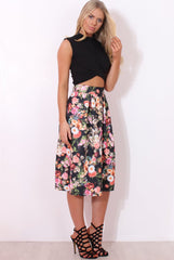 Fergi Black Floral Print Midi Skirt-Skirts