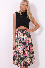 Fergi Black Floral Print Midi Skirt-Skirts