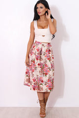 Fergi Nude Floral Print Midi Skirt-Skirts