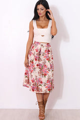 Fergi Nude Floral Print Midi Skirt-Skirts
