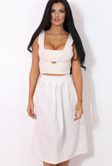 Fergi White Pleated Midi Skirt-Skirts