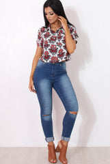 Fern Red Floral Print Crop Shirt-Shirts