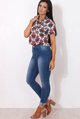 Fern Red Floral Print Crop Shirt-Shirts
