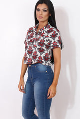 Fern Red Floral Print Crop Shirt-Shirts