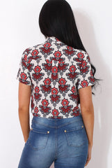 Fern Red Floral Print Crop Shirt-Shirts