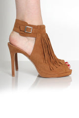 Fern Tan Suede Tassel Peep Toe Heels-Heels