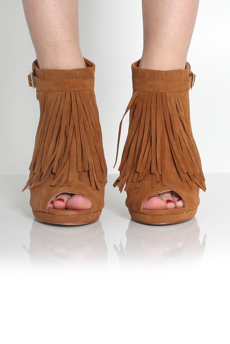 Fern Tan Suede Tassel Peep Toe Heels-Heels