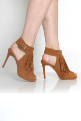 Fern Tan Suede Tassel Peep Toe Heels-Heels