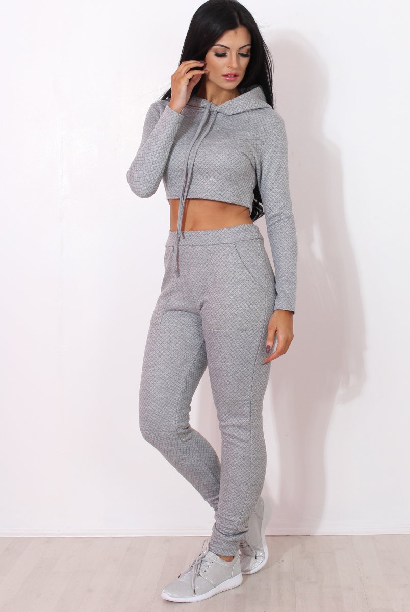 Fiona Grey Ribbed crop Loungewear set-Loungewear