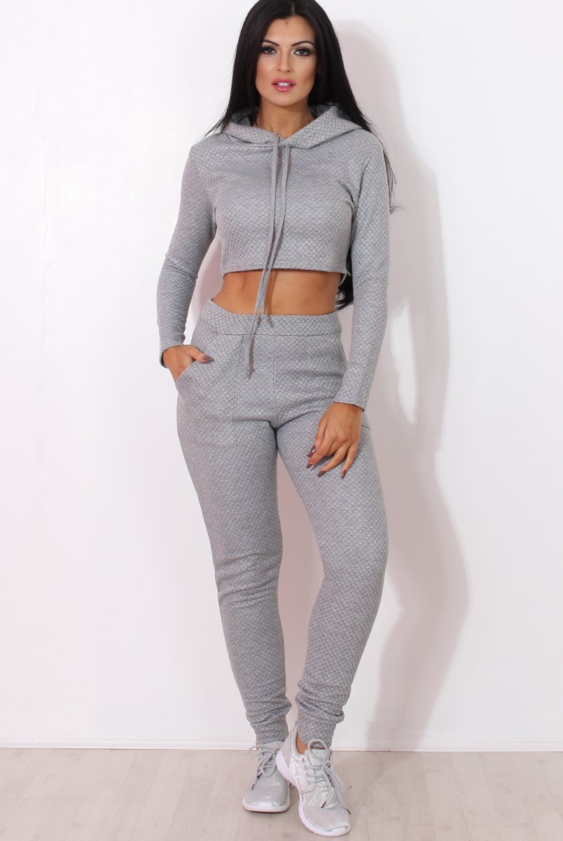 Fiona Grey Ribbed crop Loungewear set-Loungewear