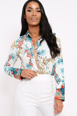 Floral Button Down Blouse with Beige Contrast - Katherine-Shirts