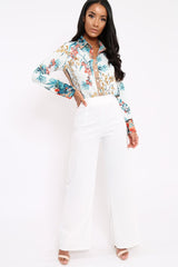 Floral Button Down Blouse with Beige Contrast - Katherine-Shirts