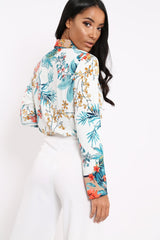 Floral Button Down Blouse with Beige Contrast - Katherine-Shirts