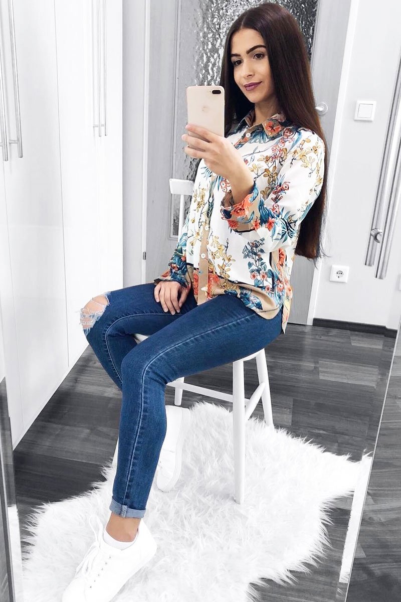 Floral Button Down Blouse with Beige Contrast - Katherine-Shirts