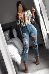 Floral Button Down Blouse with Beige Contrast - Katherine-Shirts