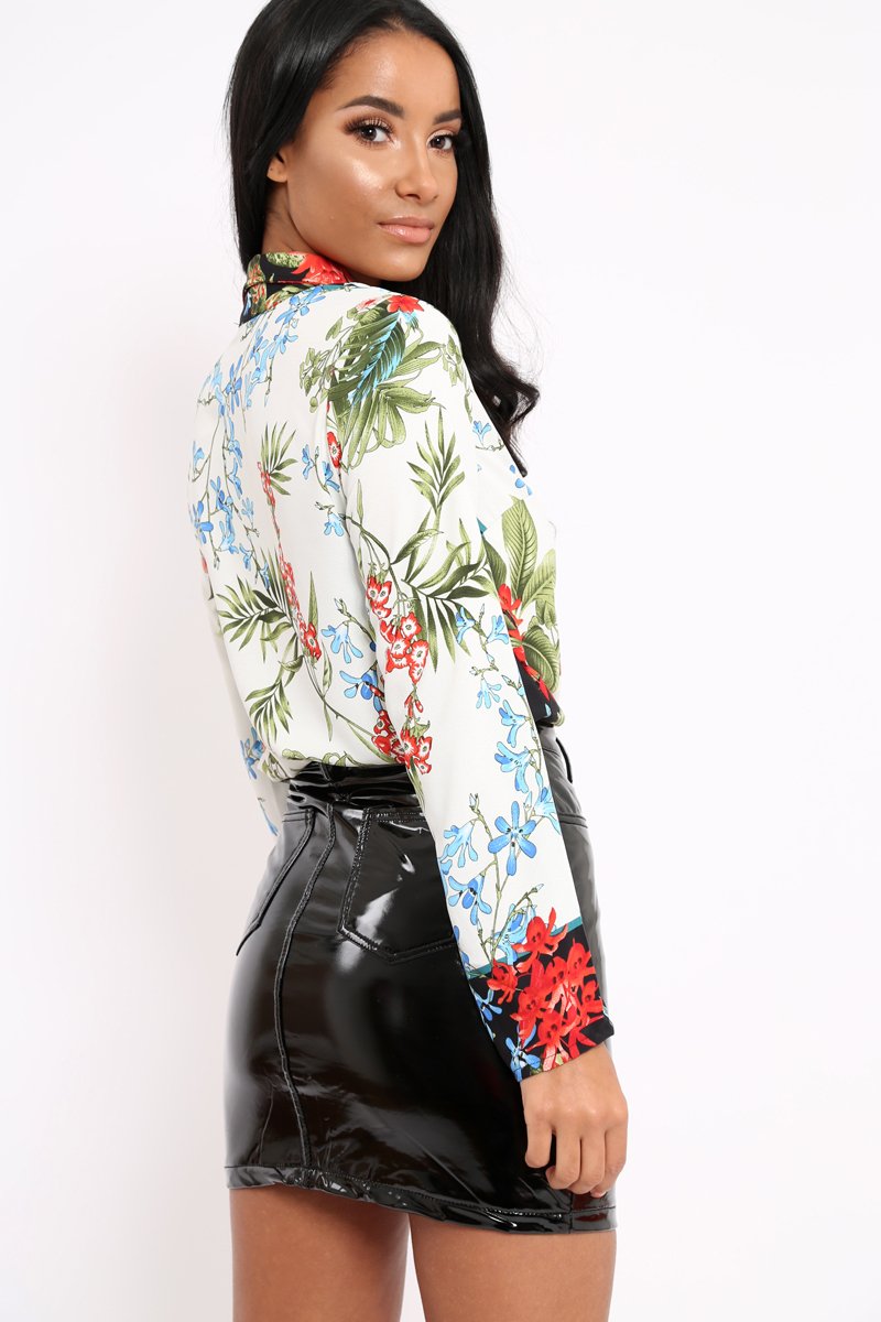 Floral Button Down Blouse with Black Contrast - Katherine-Shirts