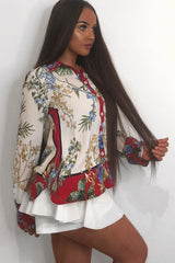 Floral Button Down Blouse with Red Contrast - Katherine-Shirts