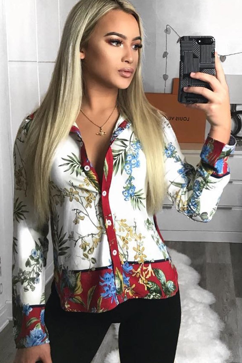 Floral Button Down Blouse with Red Contrast - Katherine-Shirts