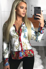 Floral Button Down Blouse with Red Contrast - Katherine-Shirts