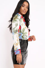 Floral Button Down Blouse with Red Contrast - Katherine-Shirts