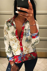Floral Button Down Blouse with Red Contrast - Katherine-Shirts
