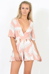Floral Coral Plunge Cut Out Playsuit - Sally-Playsuits