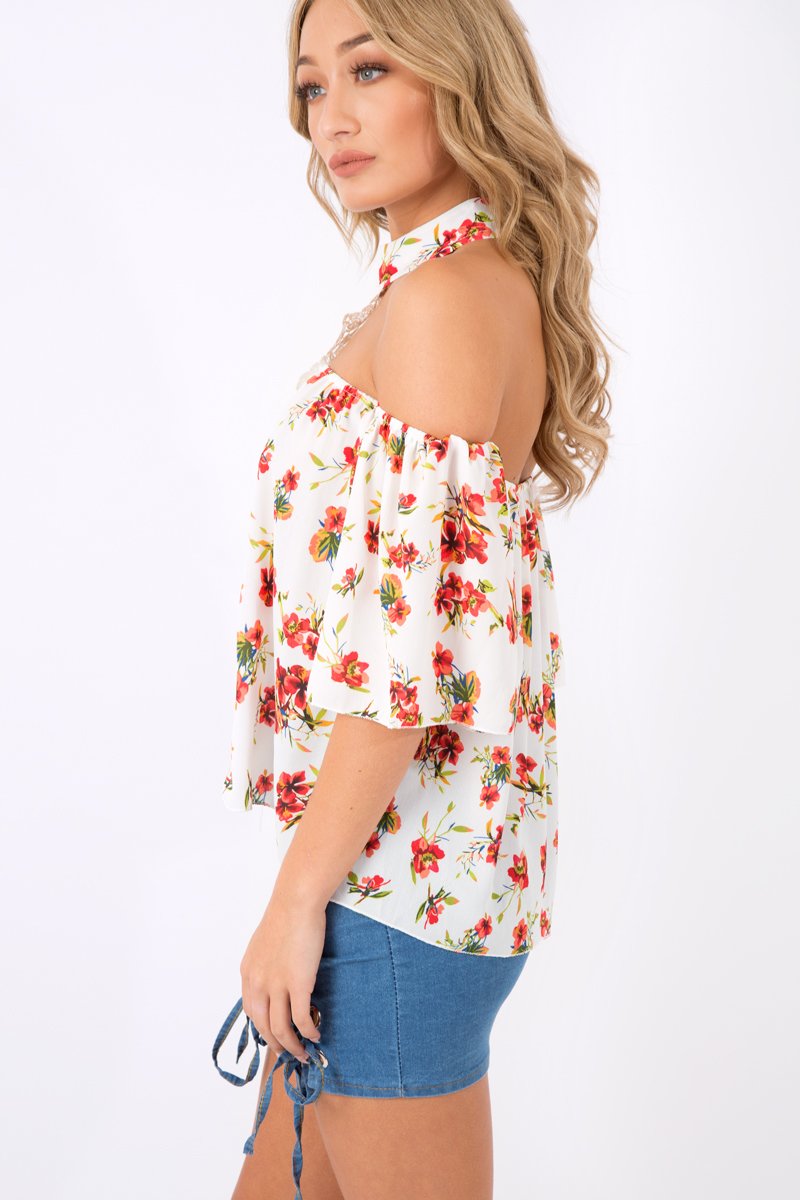 Floral Crochet Front Halter Neck Top - Lacie-Tops