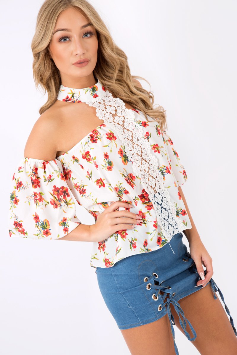 Floral Crochet Front Halter Neck Top - Lacie-Tops