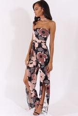 Floral Print Bandeau Choker Split Detail Jumpsuit - Rosy-Jumpsuits