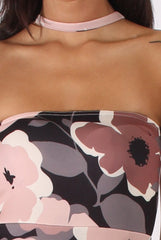 Floral Print Bandeau Choker Split Detail Jumpsuit - Rosy-Jumpsuits