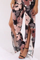 Floral Print Bandeau Choker Split Detail Jumpsuit - Rosy-Jumpsuits