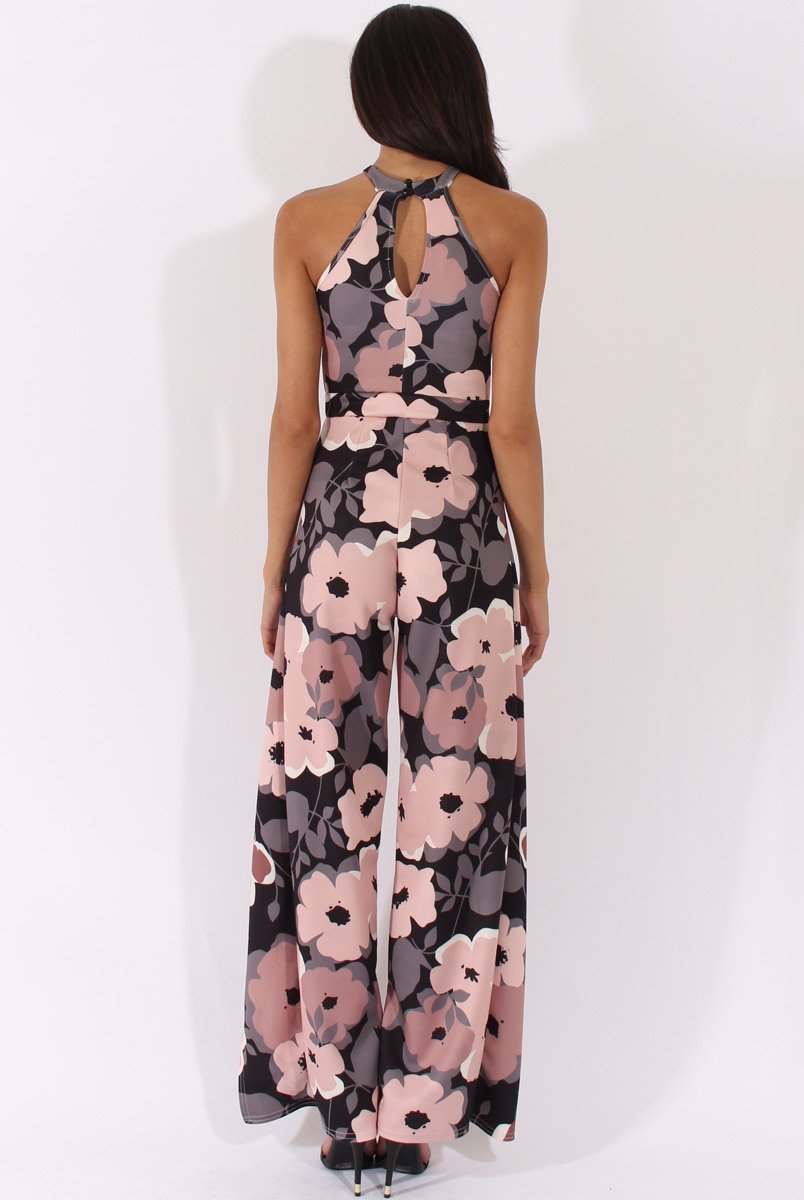 Floral Print Bandeau Choker Split Detail Jumpsuit - Rosy-Jumpsuits