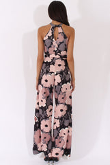 Floral Print Bandeau Choker Split Detail Jumpsuit - Rosy-Jumpsuits