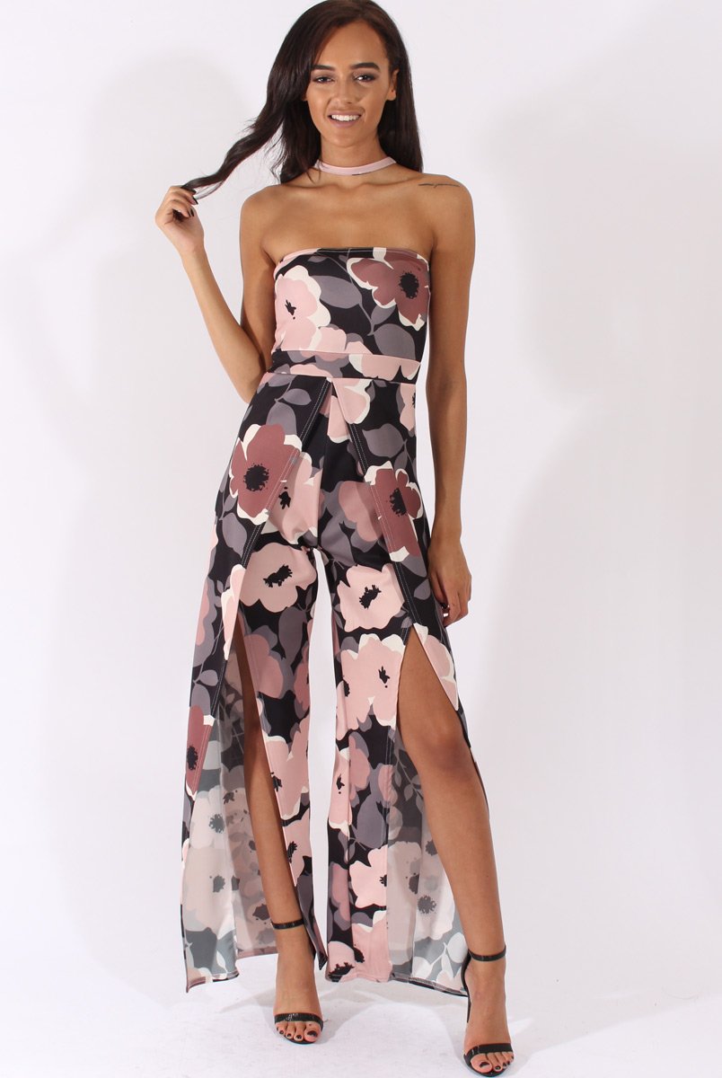 Floral Print Bandeau Choker Split Detail Jumpsuit - Rosy-Jumpsuits