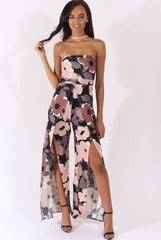 Floral Print Bandeau Choker Split Detail Jumpsuit - Rosy-Jumpsuits