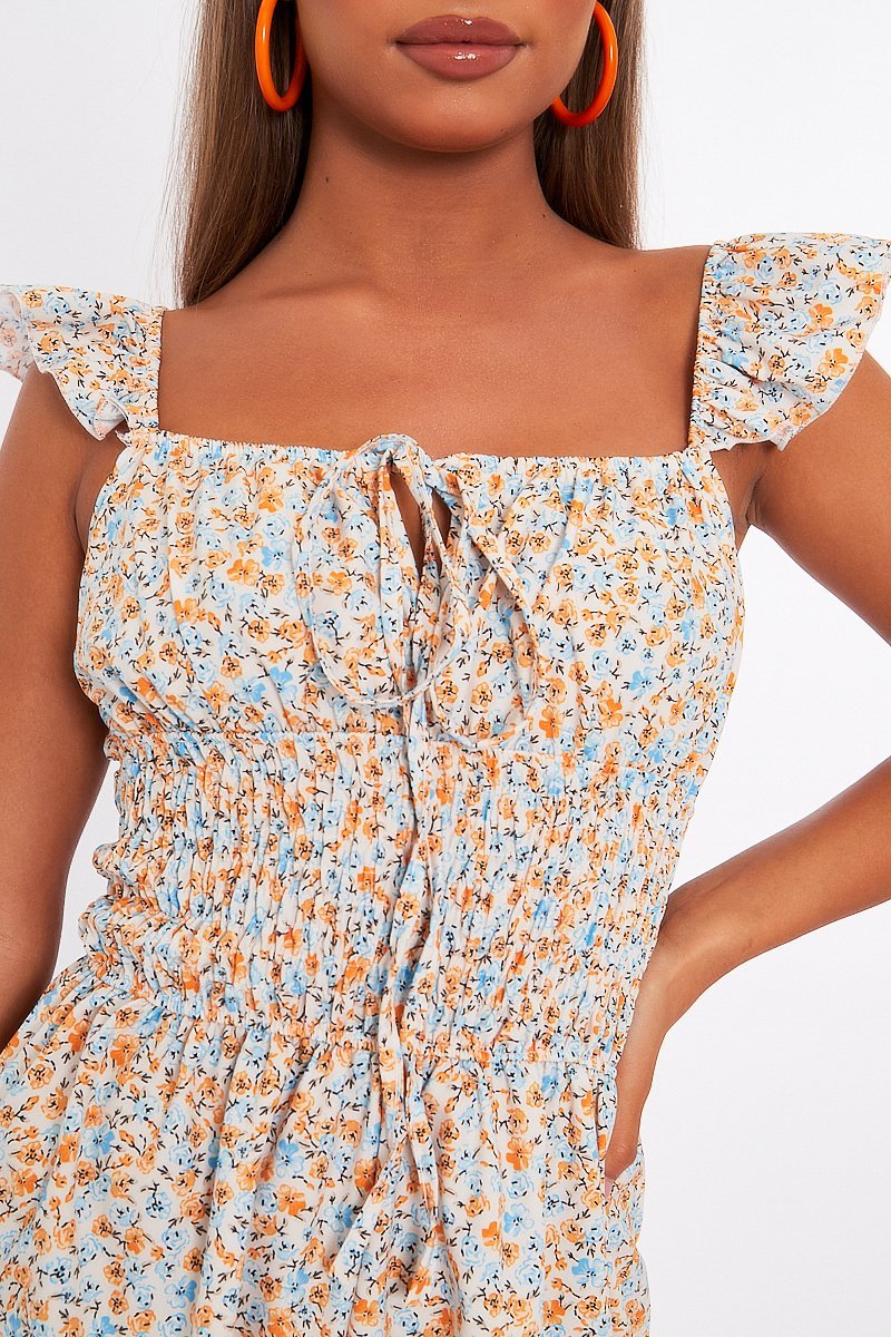 Floral Shirred Style Short Sleeve Cream Playsuit - Nelsy-Playsuits