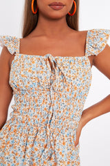 Floral Shirred Style Short Sleeve Cream Playsuit - Nelsy-Playsuits