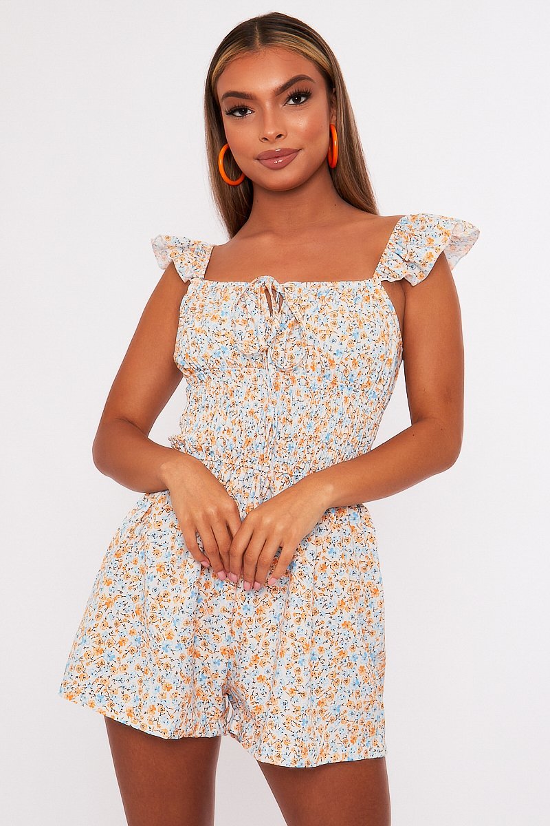 Floral Shirred Style Short Sleeve Cream Playsuit - Nelsy-Playsuits