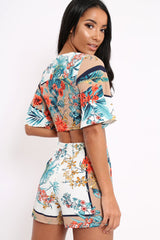 Floral with Beige Contrast Crop Top and Shorts Co-ord - Cammy-Co-ords