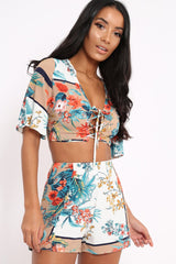 Floral with Beige Contrast Crop Top and Shorts Co-ord - Cammy-Co-ords