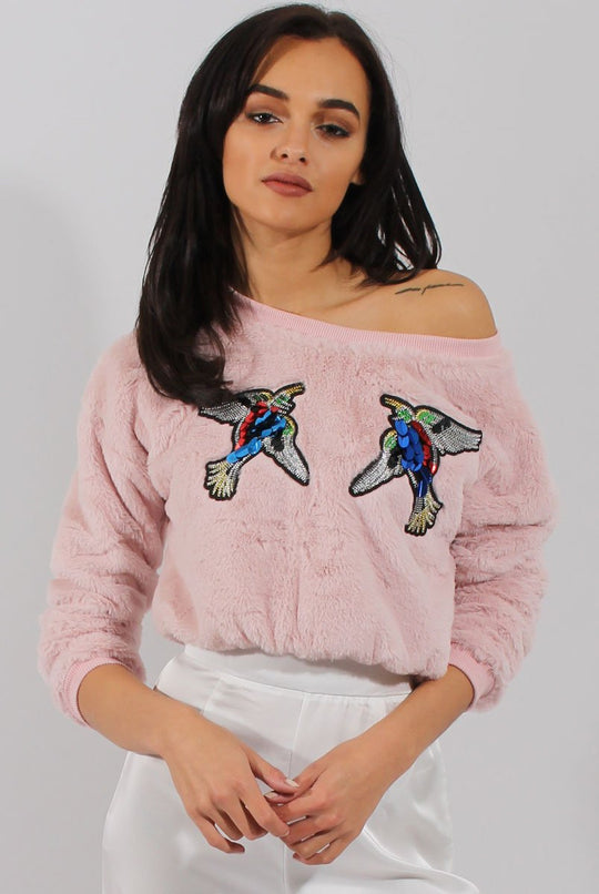Fluffy Pink Applique Cropped Jumper - Elle