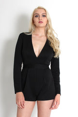 Frances Black Plunge Playsuit-Playsuits