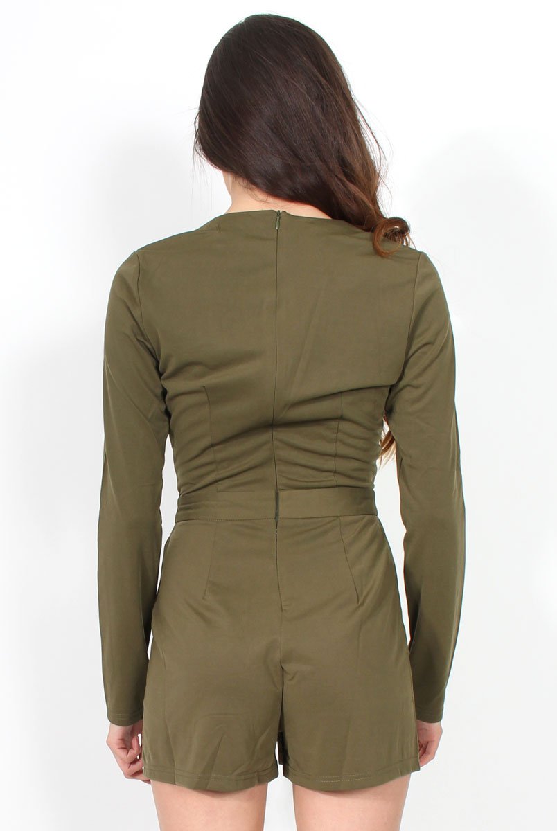 Frances Khaki Plunge Playsuit-Playsuits
