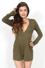 Frances Khaki Plunge Playsuit-Playsuits