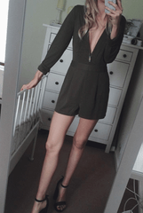 Frances Khaki Plunge Playsuit-Playsuits