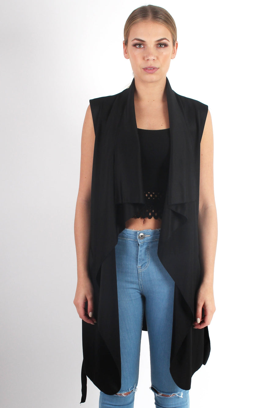 Francesca Black Sleeveless Waterfall Jacket-Jackets