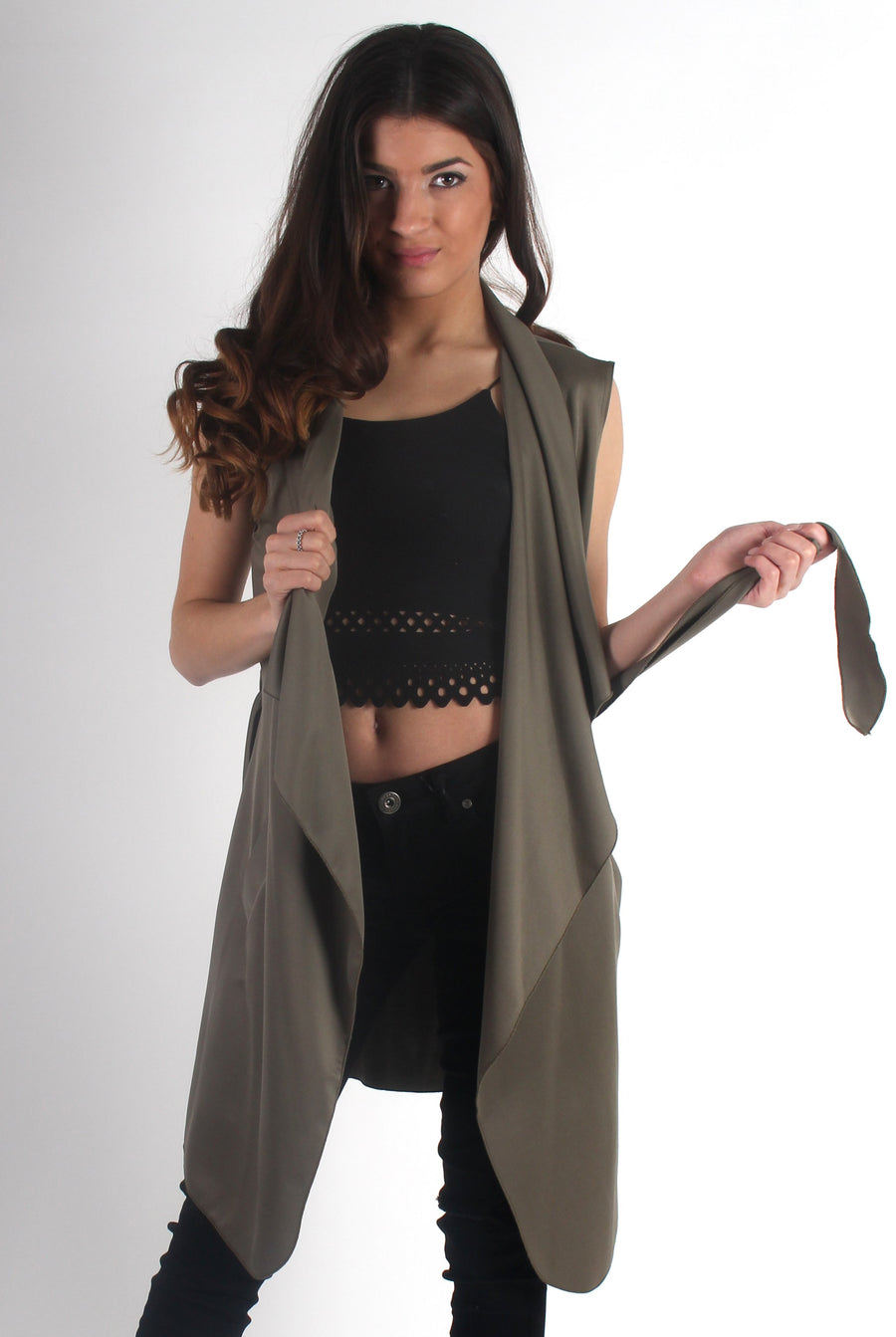 Francesca Khaki Sleevless Waterfall Jacket-Jackets